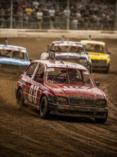 Banger racing cars colliding on a dirt track