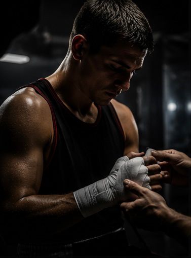 Boxer wrapping hands before a fight, dramatic dark lighting