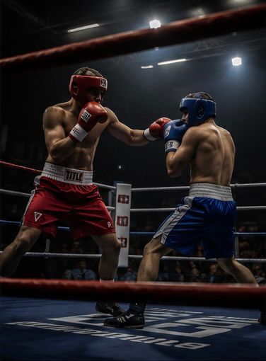 Two boxers exchanging punches in the ring