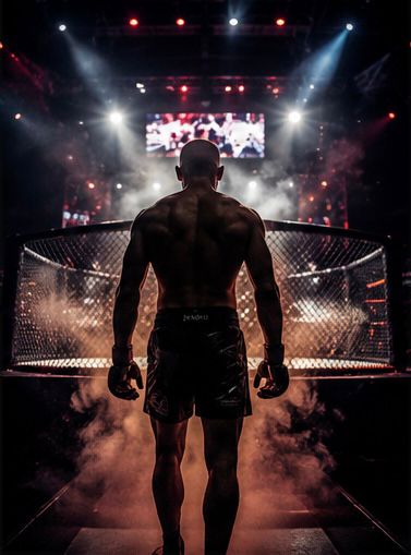 MMA fighter walking out to the cage under stadium lights